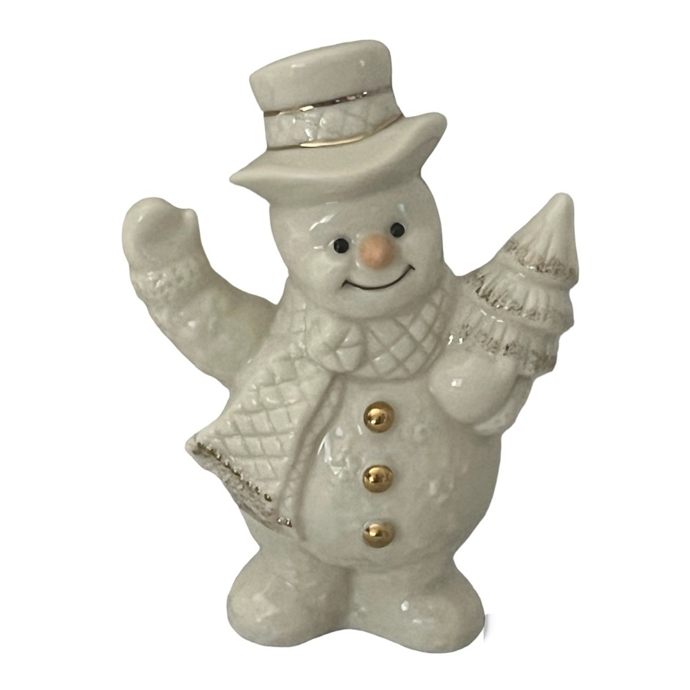 LENOX White And Gold Snowman With 24k Gold Accents 3.75 Inches Tall Holding Tree